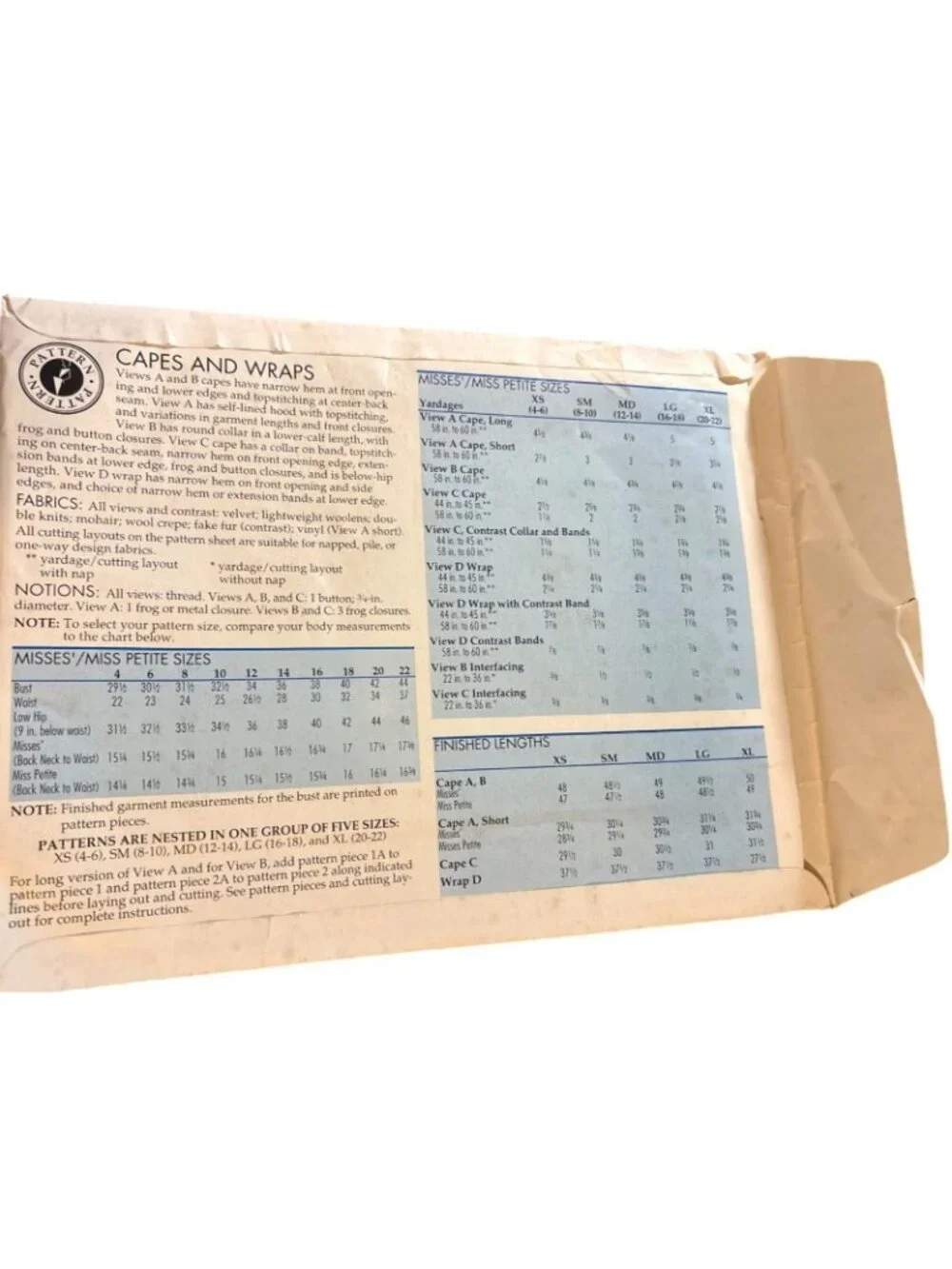 Sewing Pattern McCalls For Misses Capes & Wraps Sizes XS-L 1995 USA Uncut Crafts